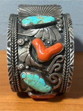 VTG Navajo Sterling .925 Turquoise Coral Watch Cuff Bracelet Signed MNT 134.2g